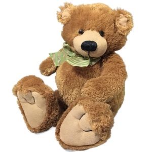 First & Main Bear Stuffed Animal Plush Brown Molasses Green Ribbon Bow Toy